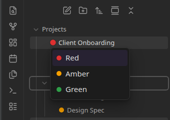 A small popup with Red, Amber, and Green options, opened from a status dot