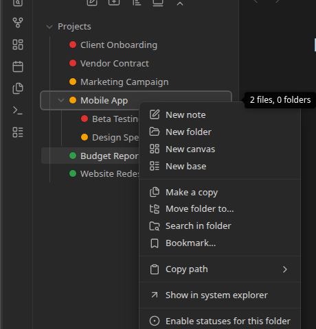 Right-click menu on a folder, showing the "File and Folder Status Options" submenu with "Enable statuses for this folder"