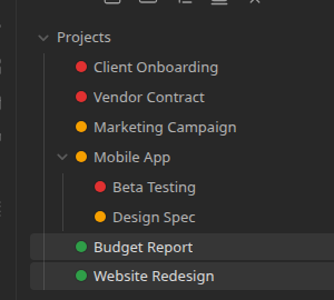 A folder of projects with red, amber, and green status dots, grouped by status