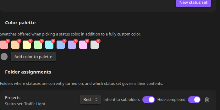 Folder assignments showing labeled "Inherit to subfolders" and "Hide" toggles, next to the color palette