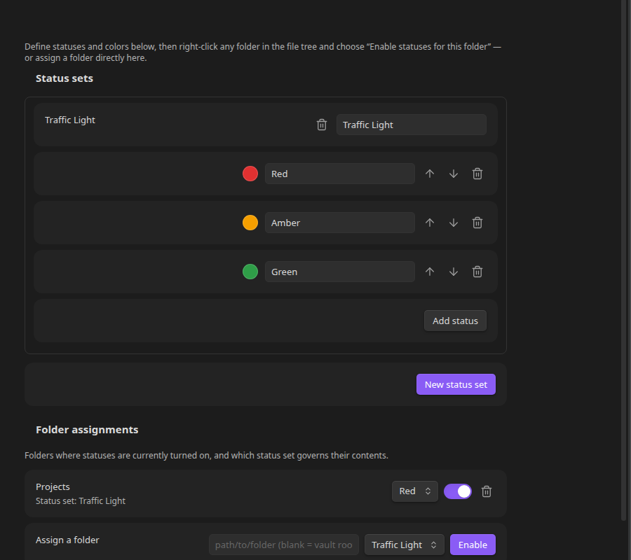 The Settings tab, showing a Traffic Light status set with Red, Amber, and Green statuses, and a Projects folder assignment