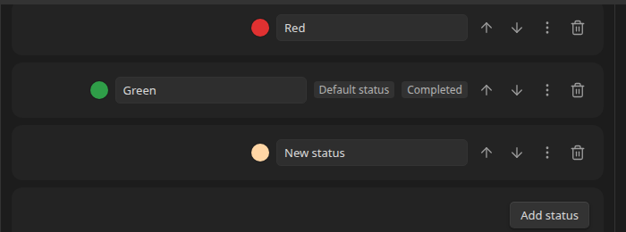 A status set with a Default status badge and a Completed badge