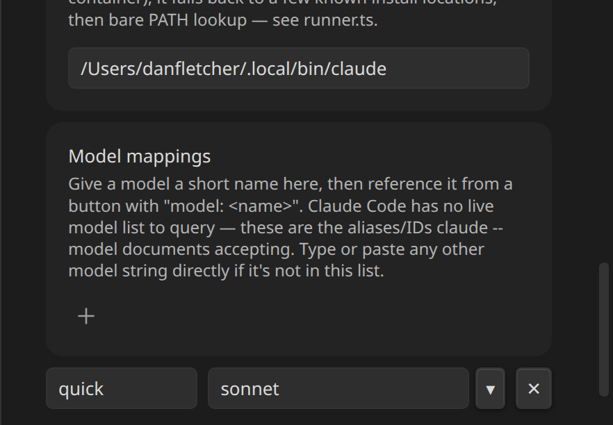 Claude Code settings: binary path, model mappings, connection status