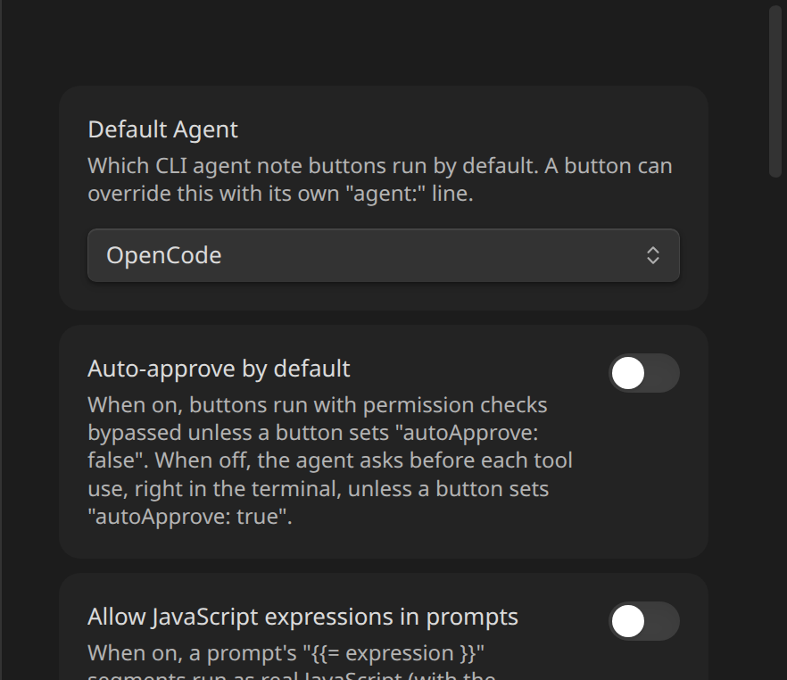 Default Agent, Auto-approve, and Allow JS expressions settings