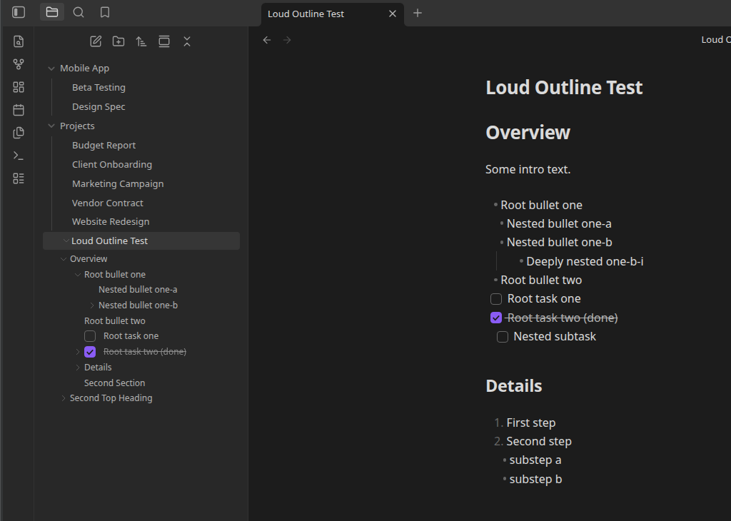 The file explorer with a note expanded to show its nested headings, tasks and lists, alongside the matching note content