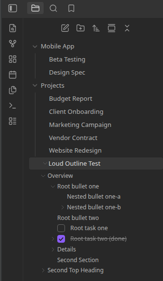 Close-up of a single note expanded three levels deep in the sidebar